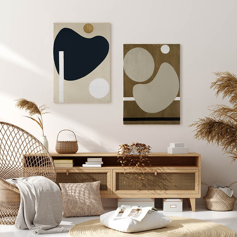modern two piece gallery wall with two geometric wall art pieces in neutral tones