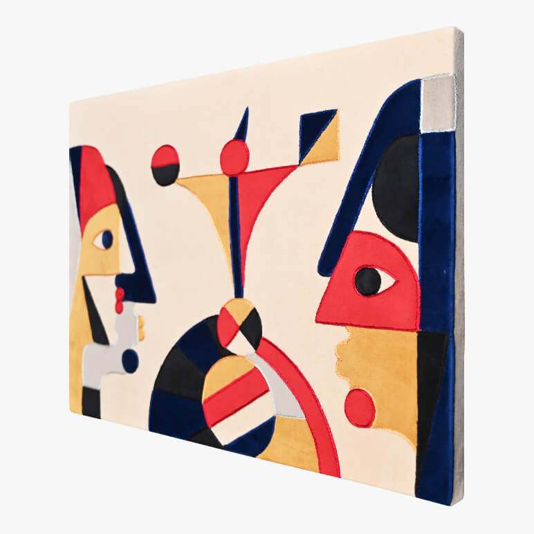 Right angle view of a circus-inspired geometric textile artwork