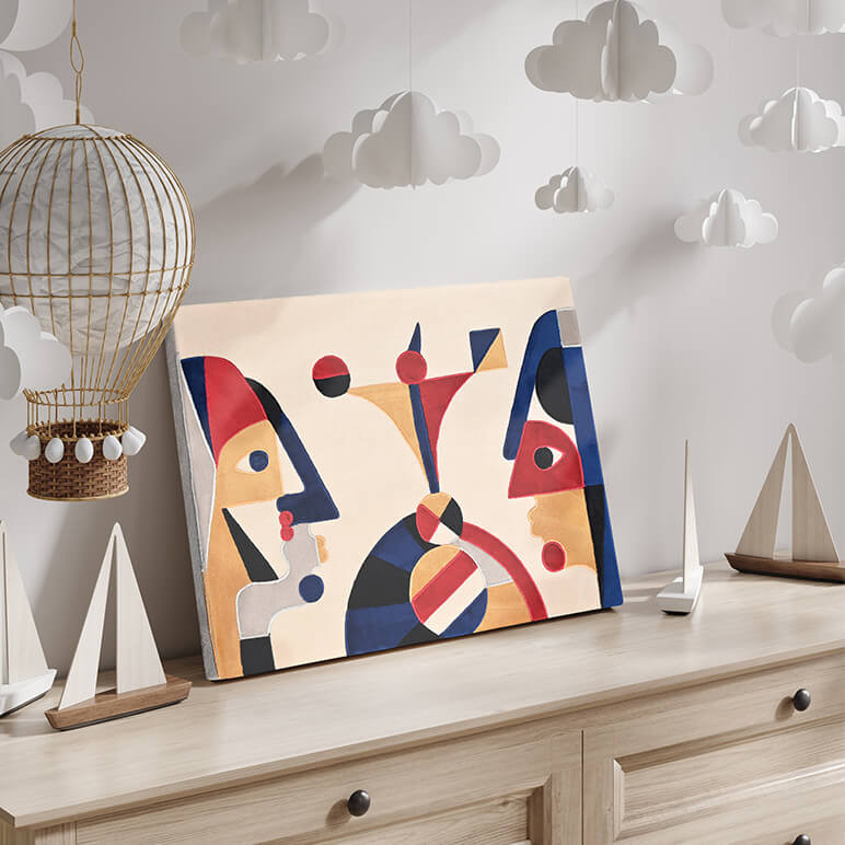 Mood shot of an abstract geometric textile art, seen displayed over a dresser in a kid's room