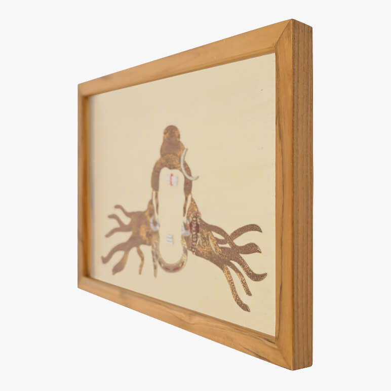 Right angled view of a textile artwork, framed in wood, showcasing God Shiva art
