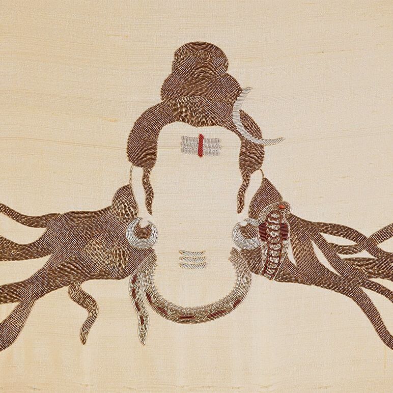 Detailed close up view of Bholenath artwork showing embroidery details done in Zardozi