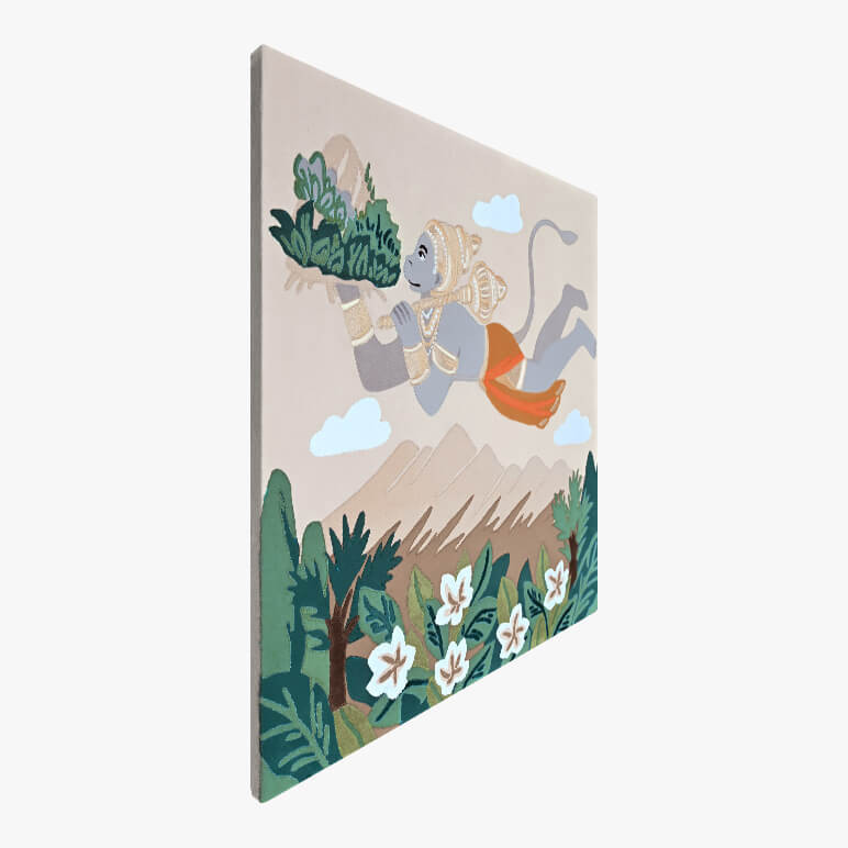 Left angled view of a modern textile art featuring Lord Hanuman