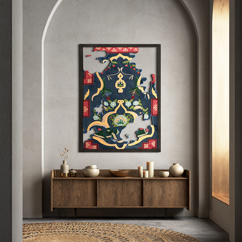 large framed textile wall art displayed in a  grey foyer