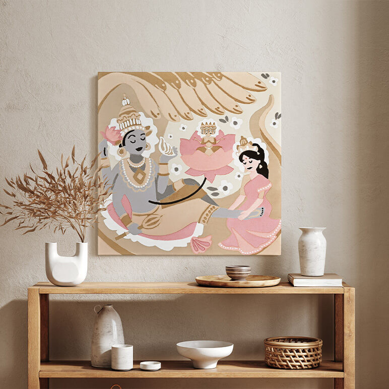 Staged lifestyle shot showcasing the Lord Maha Vishnu textile artwork displayed in a neutral colored room, over a wooden table