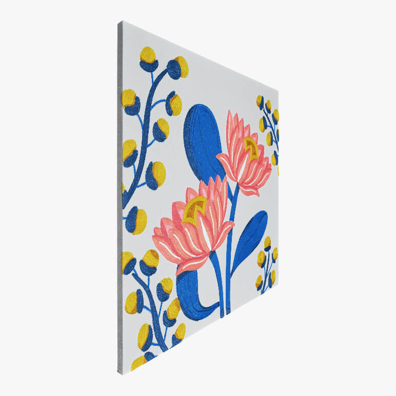 Left angle view of a canvas framed pastel blue colored lotus art
