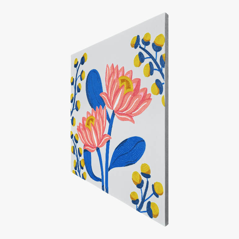 Right angle view of a canvas framed pastel blue colored lotus art