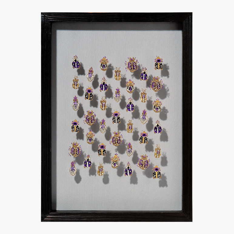 framed 3d wall art with purple beetles