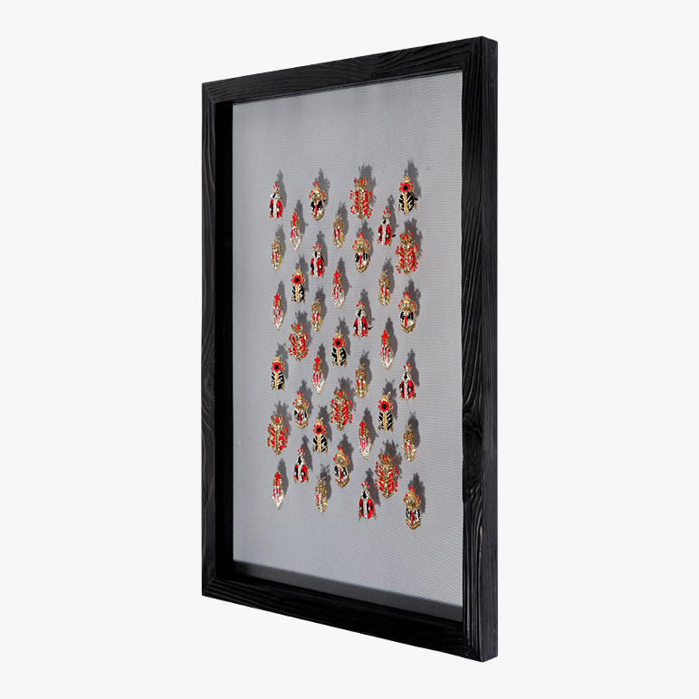 framed textile unique artwork with metallic insect embroidery