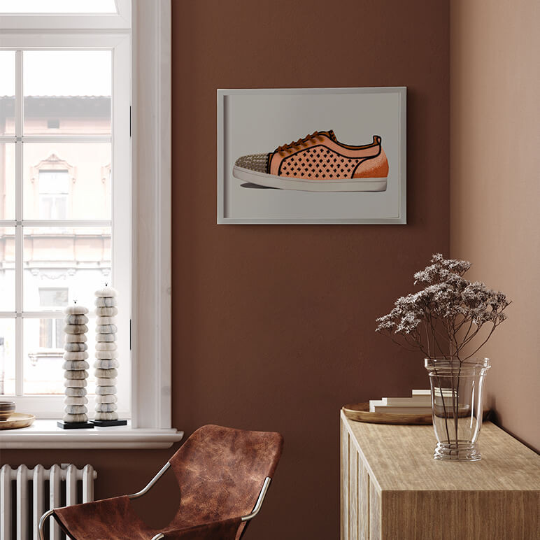 framed shoe wall art seen displayed in a white gallery frame in a modern bedroom