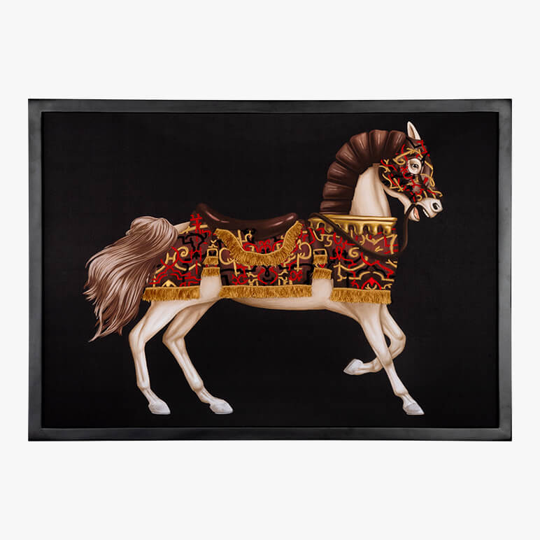 large framed original wall art featuring an embellished war horse over a black cotton background