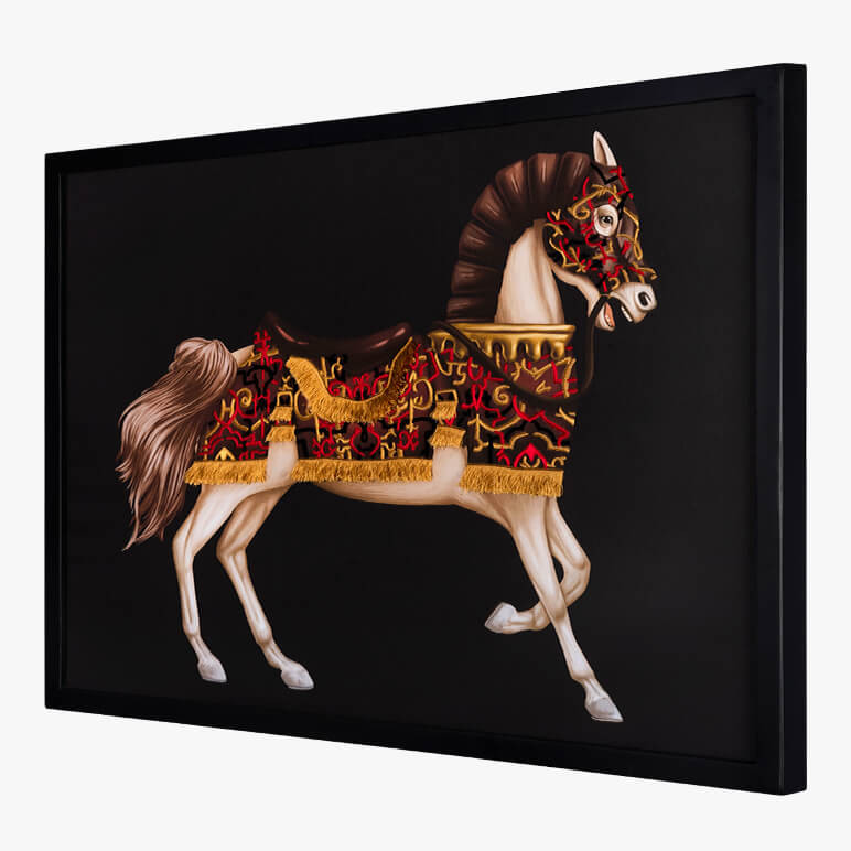 side angle view of a large black original wall art piece featuring a war horse embellished in thread