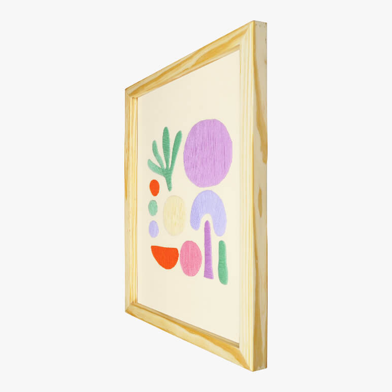 Right angle view of a wooden framed pastel abstract wall art