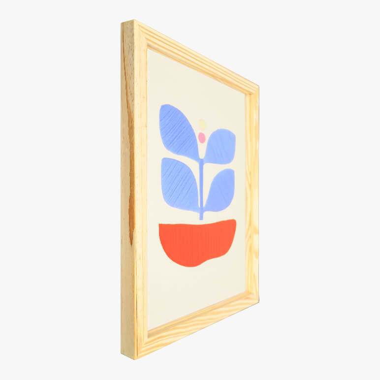 Left angle view of a wooden framed blue abstract wall art piece