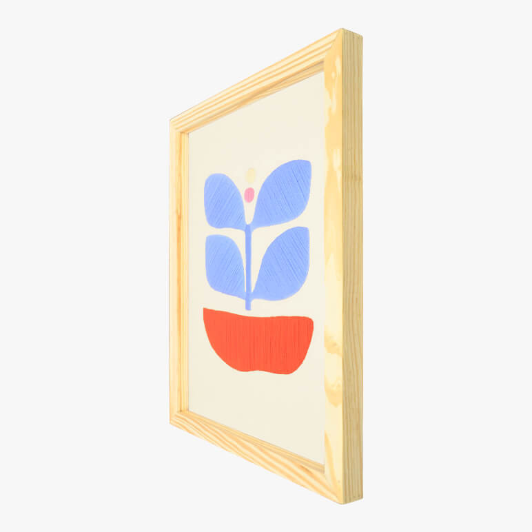 Right angle view of a wooden framed blue abstract wall art piece