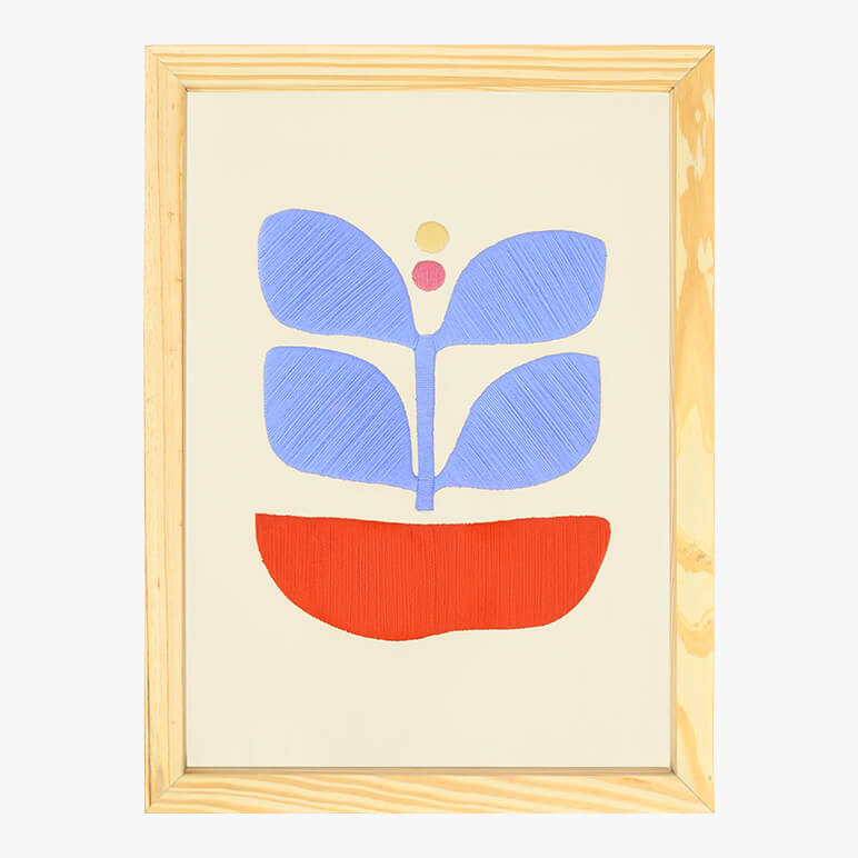 Feature image of a blue abstract wall art piece with pops of orange, seen framed in wood and hand-embroidered in wool