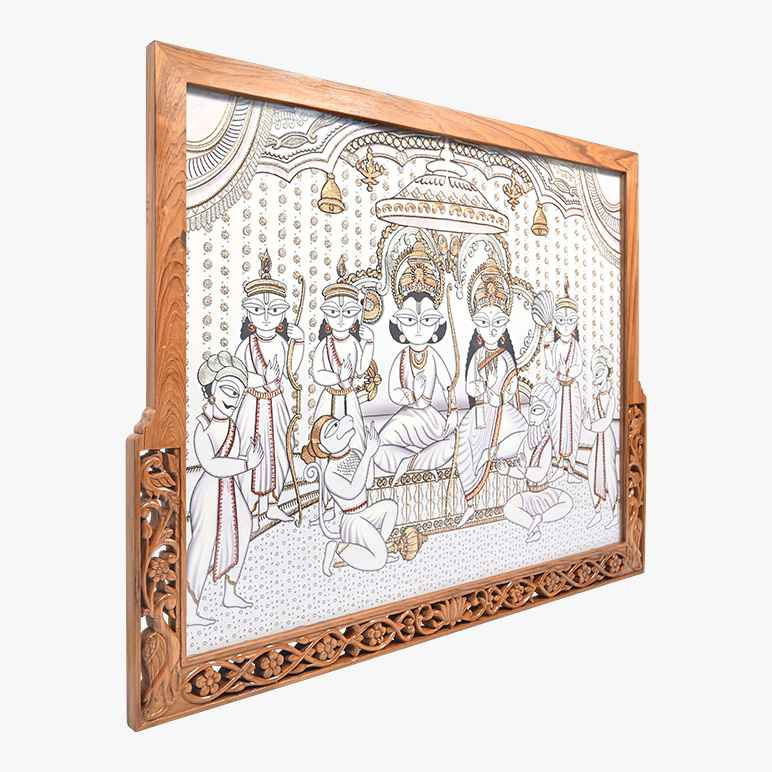 Left angled view of the Ram Darbar textile artwork, framed in a hand-carved wooden frame