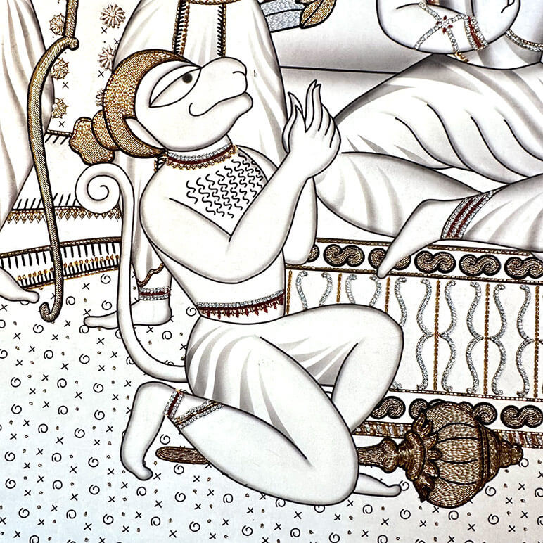 Close up view of the printed and embellished textile artwork showing Lord Hanuman in the Ram Darbar scene from Indian mythology