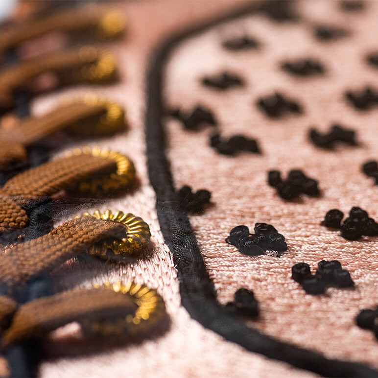 closeup view of the embroidery in ecru, black and brown colors along with a brown lace in a framed shoe wall artwork