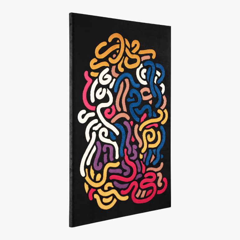 side view of an abstract multicolor wall art piece that is canvas framed