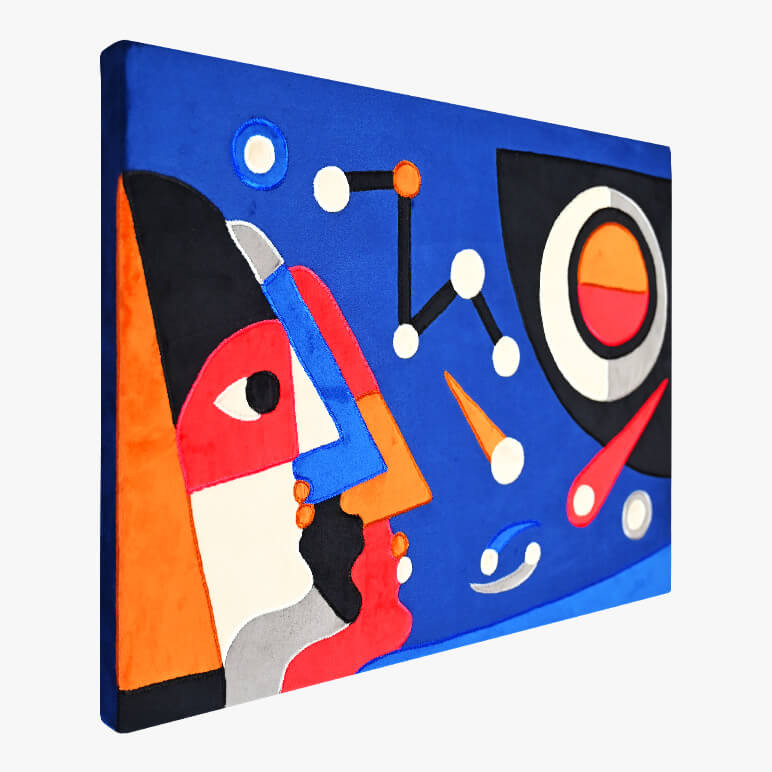 Left angle view of a patchwork art in blue and red colors