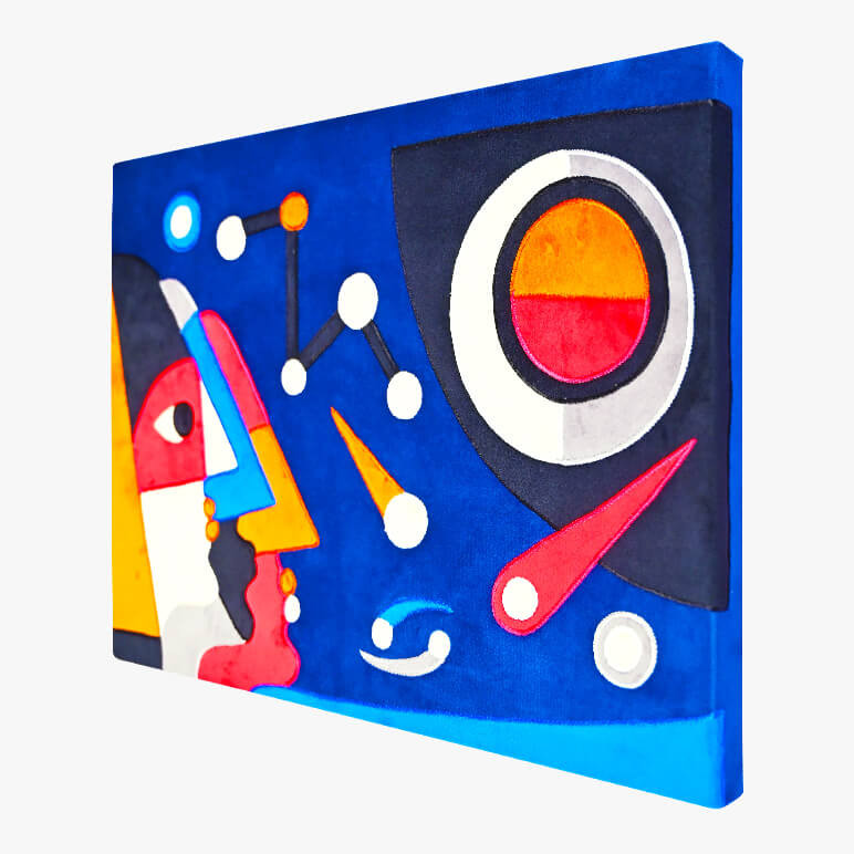 Right angle view of a blue and red colored space-inspired patchwork art