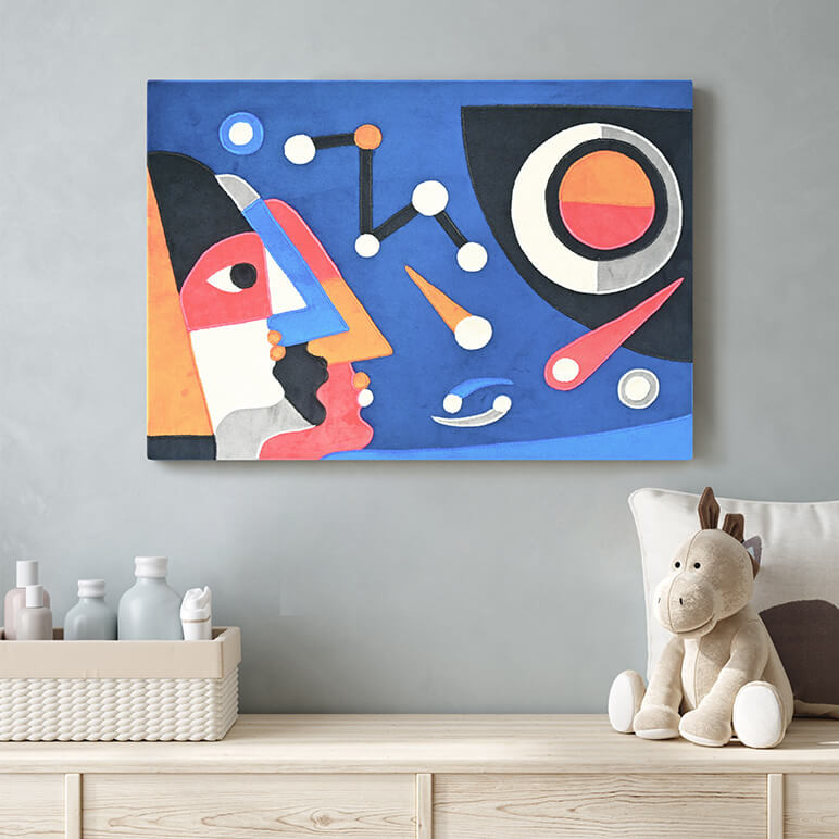Style shot of a blue colored patchwork art that is space inspired, displayed in a blue nursery