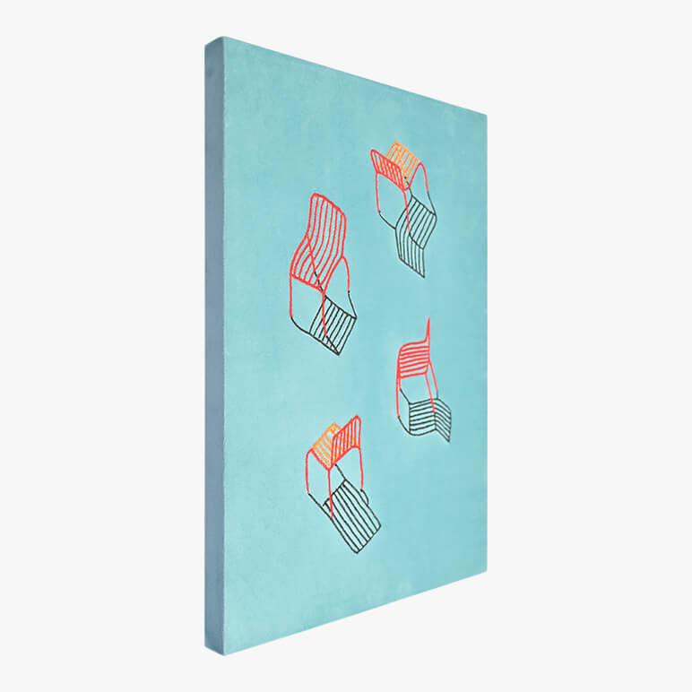 Left angle view of a still life artwork featuring chairs in red, with their shadows, over a soft blue fabric