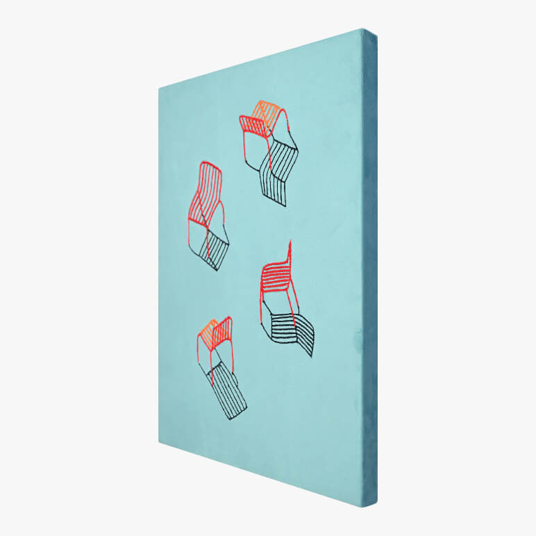Right angle view of a still life artwork, featuring red chairs and their shadows, over a soft blue fabric, canvas framed