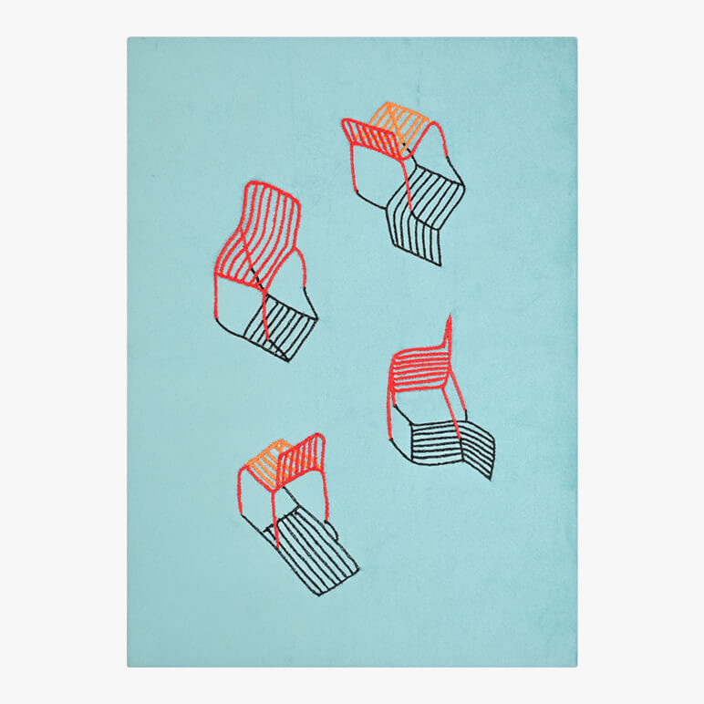 Feature image of a textile still life art showcasing a group of red chairs and their shadows hand embroidered over a suede blue background