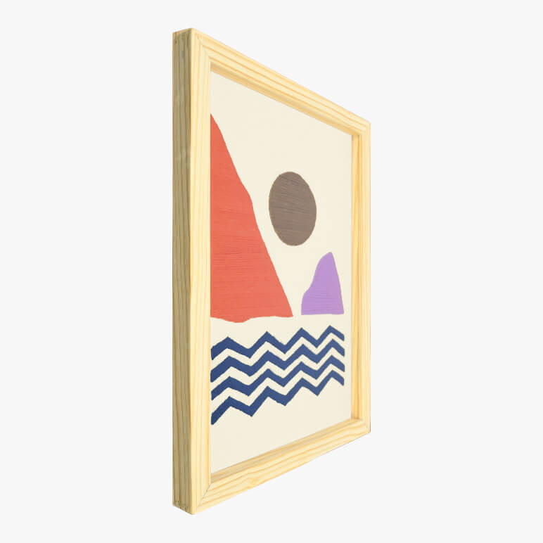 Left angle view of a sunrise wall art, framed in wood, in earthy color tones