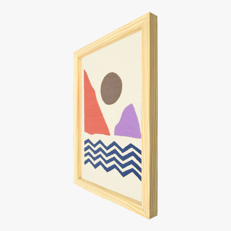 Right angle view of a sunrise wall art, framed in wood, in earthy color tones