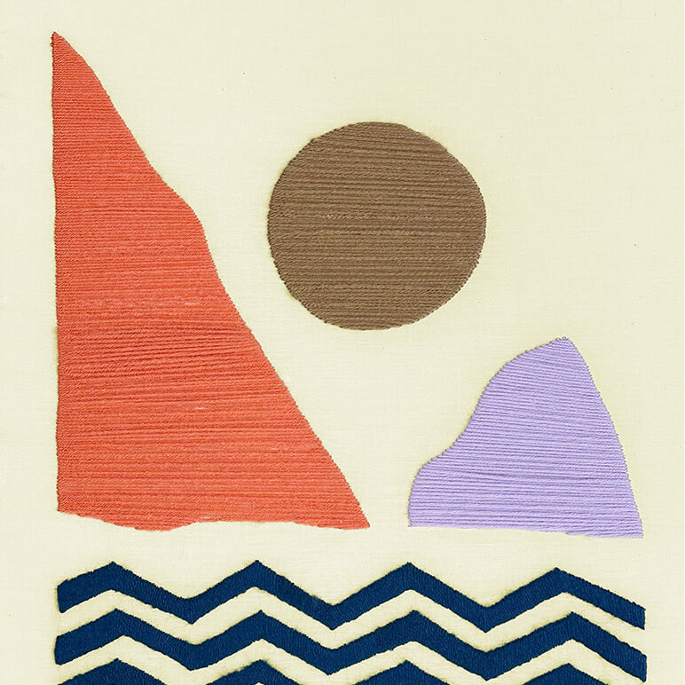 Embroidery detail of a woollen sunrise wall art