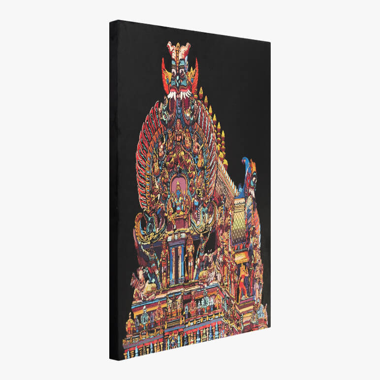 side view of a canvas framed fabric printed temple art featuring part of a vivid colored Indian temple