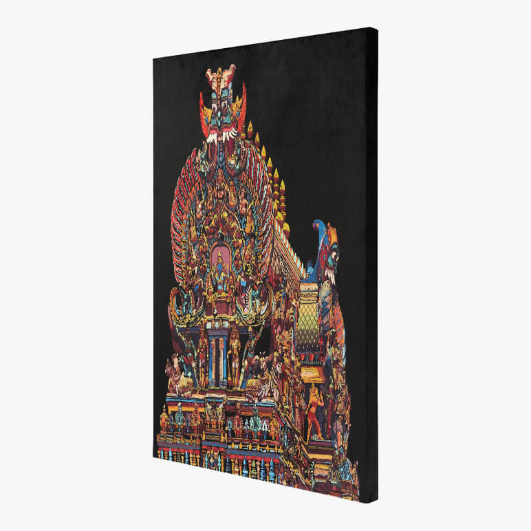 side view of a canvas framed fabric printed vivid colored Indian temple art