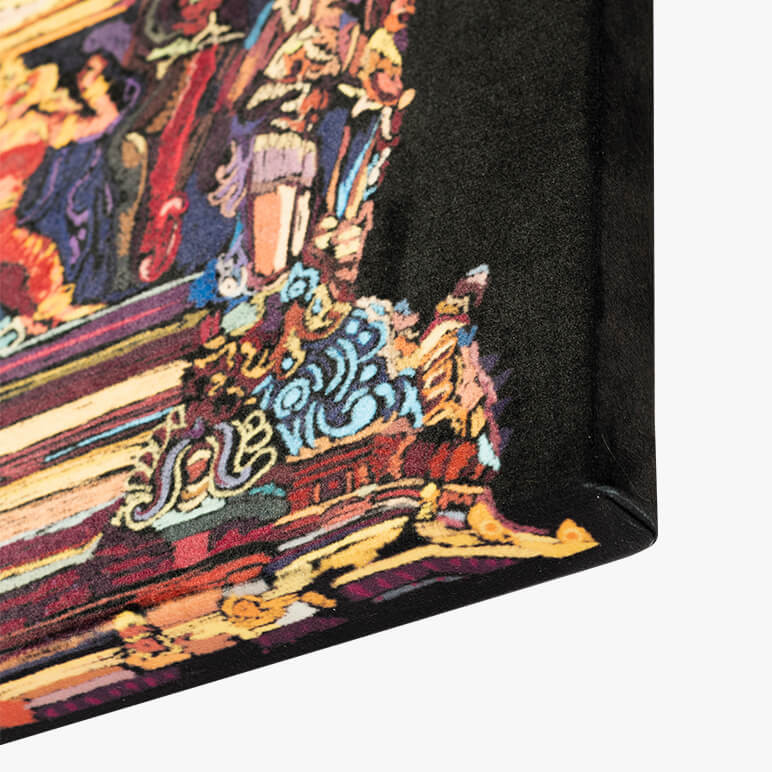 corner of a canvas framed textile wall art featuring part of an Indian temple