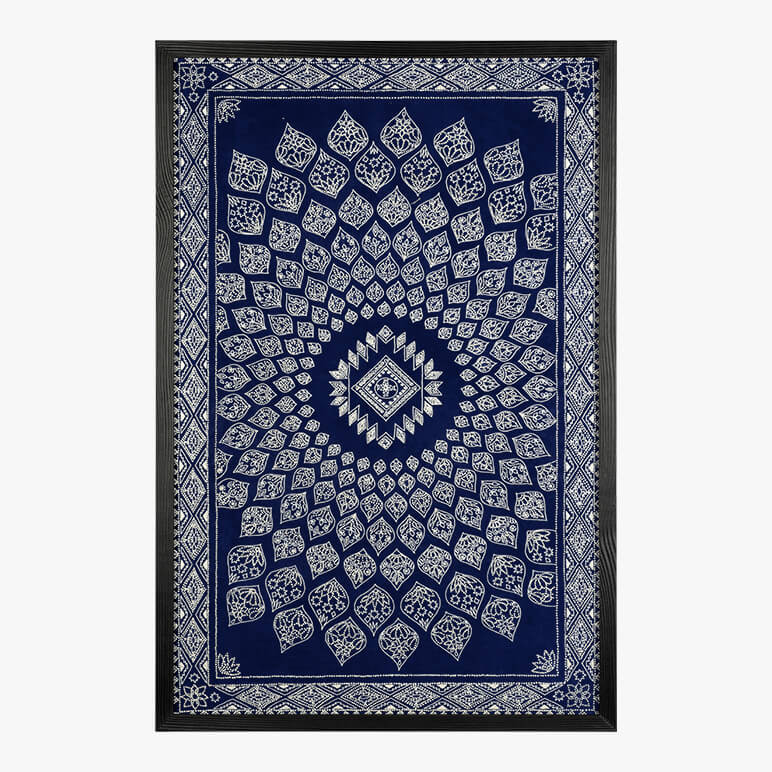framed tapestry wall art in blue with white french knot embroidery on top