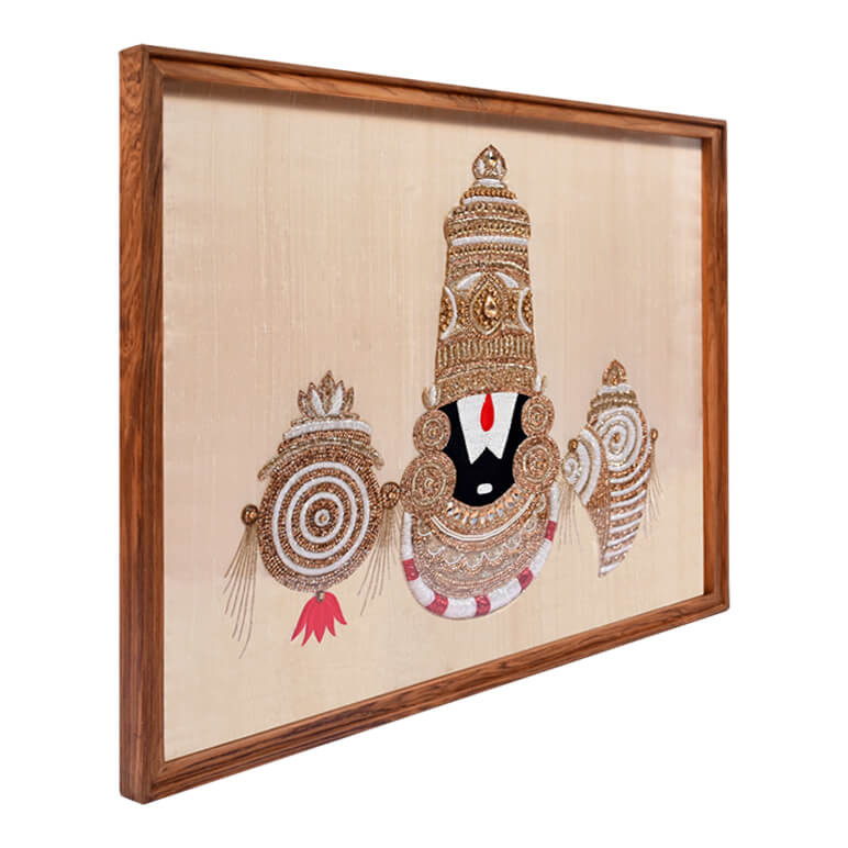 Left angled view of a Tirupati Balaji artwork, framed in wood