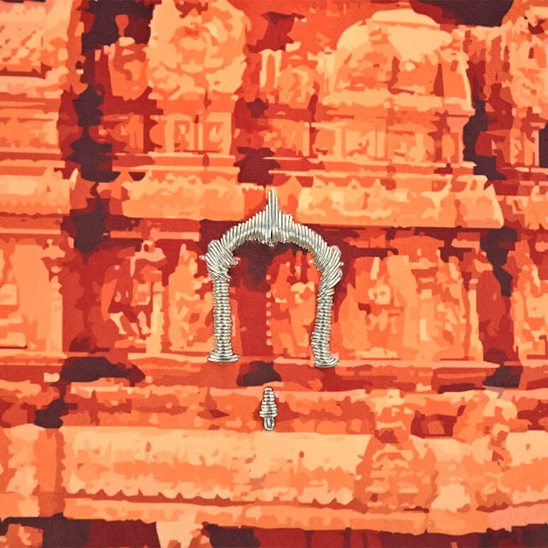 Closeup view of a printed textile artwork showcasing the embroidery detail of the vimana of the Tirumala Venkateswara Temple