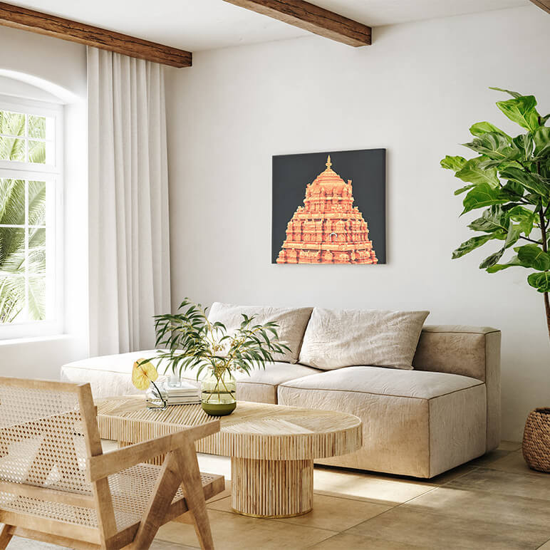 Image showing a printed textile artwork in black and gold colors, featuring the Tirumala Venkateswara temple in an organic modern living room