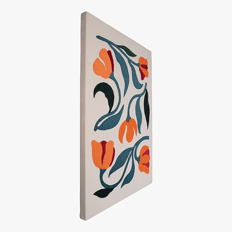Left angle view of a tulip wall art piece that has been canvas framed