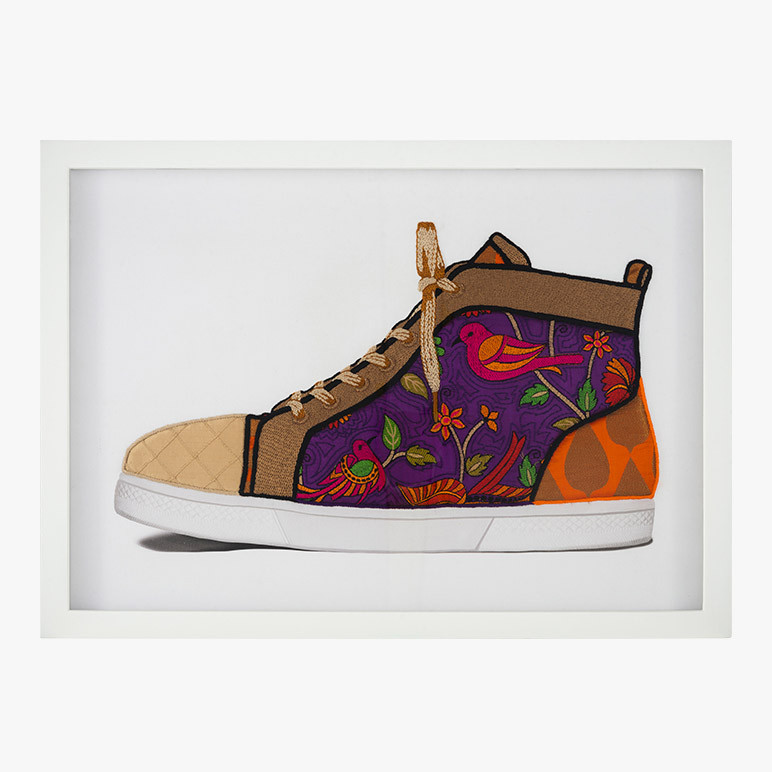 framed bright wall artwork with a purple and orange sneaker