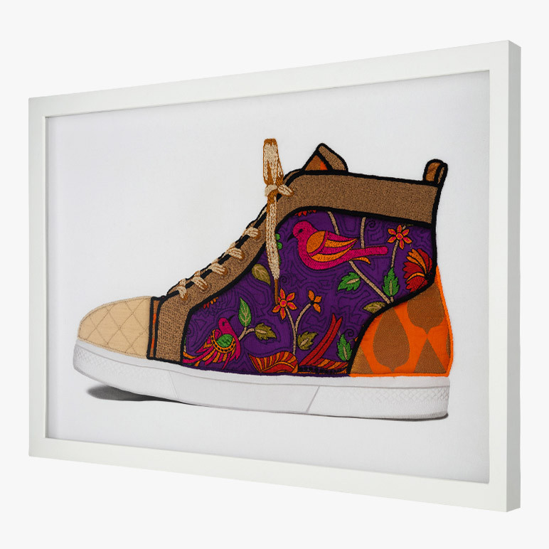 side view of framed purple sneaker artwork