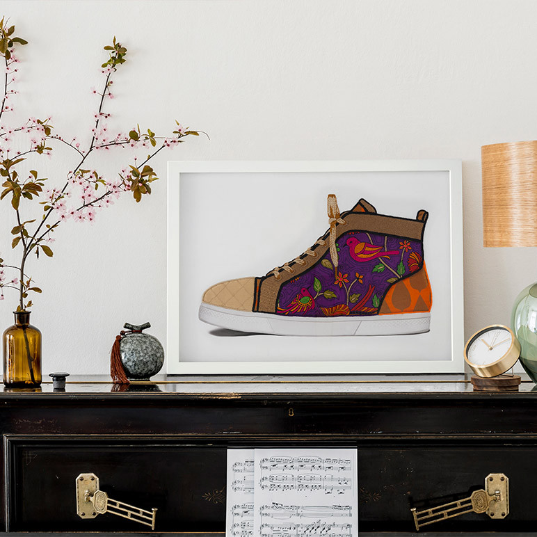 purple sneaker bright wall art framed in living room