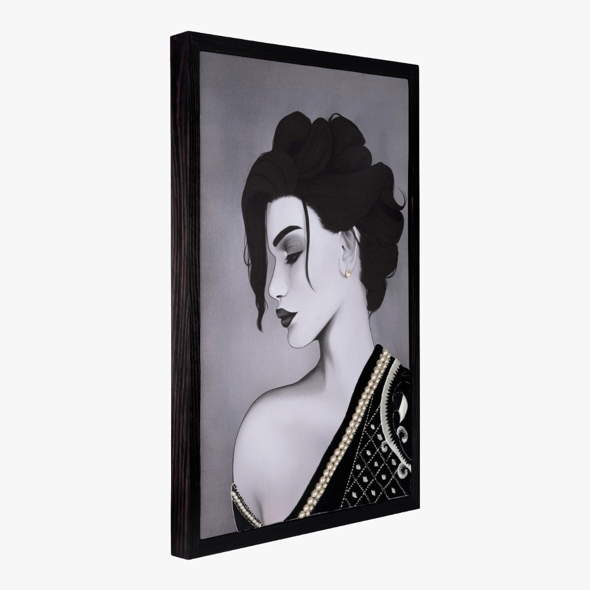 side view of framed figurative artwork in black and white 