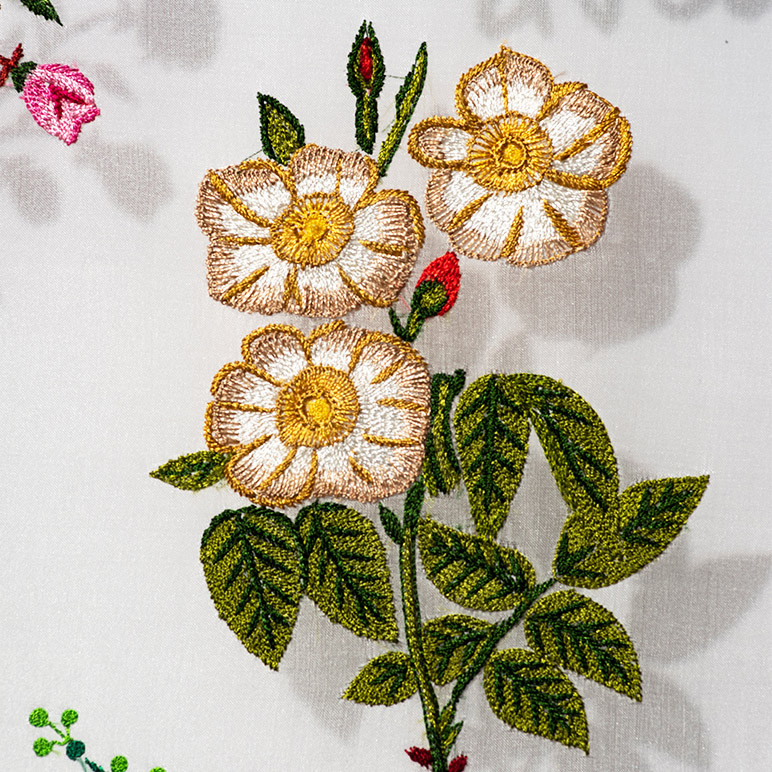 closeup detail of modern floral embroidery