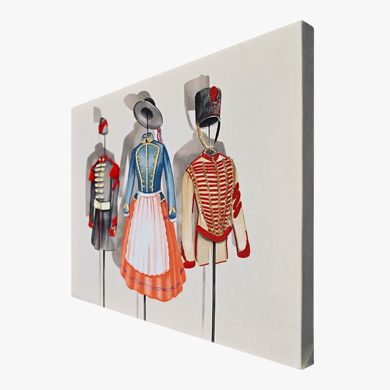 Right angle view of a collectible military art showcasing Franco-Prussian war uniforms
