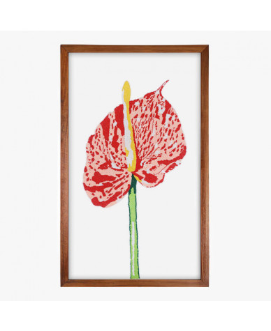 Feature image of a floral art with the Shibori Anthurium done in hand-beading over a translucent organza background, framed in teak wood