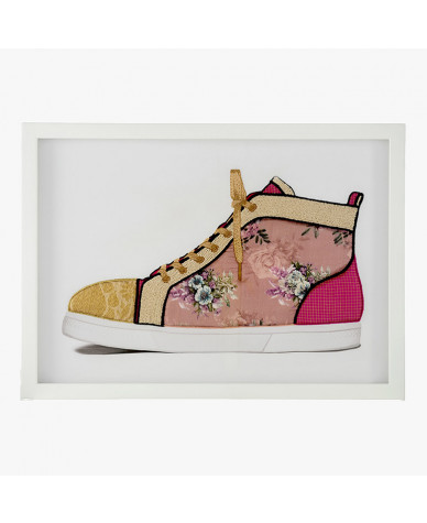 framed mixed media artwork of a pink sneaker done with fabric patchwork