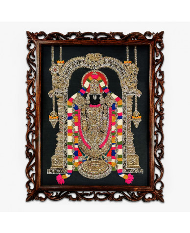 Feature image showcasing Lord Sri Venkteswara in a textile artwork with vibrant colours of gold, pink, red, black and white over a black fabric background; framed in a hand-carved oak wood frame