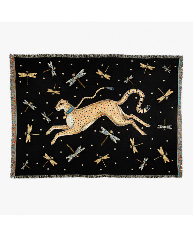 large black colored embellished throw with a cheetah prancing amongst beaded dragonflies